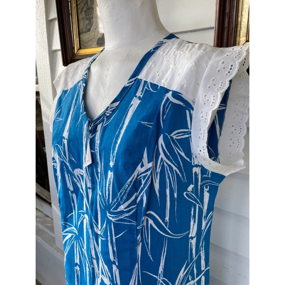 Vintage 1970s Bamboo Print Blue House Dress Eyelet Lace XL - Picture 9 of 14
